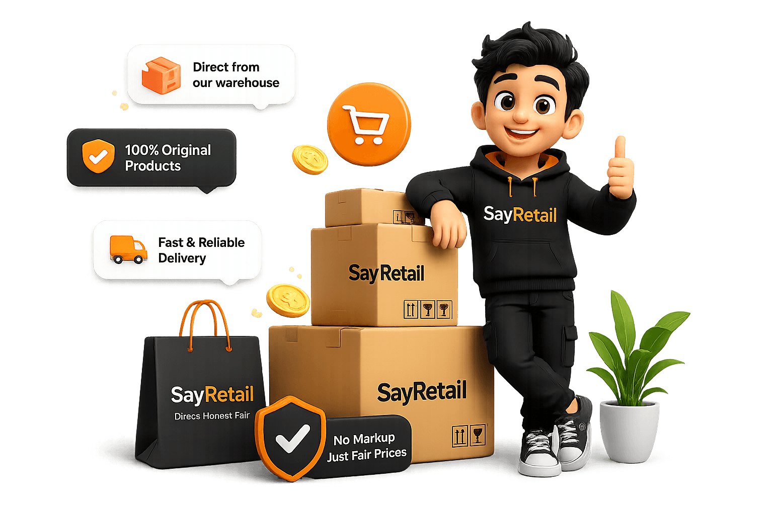 SayRetail character with shopping bag, delivery boxes, and fair-price badges