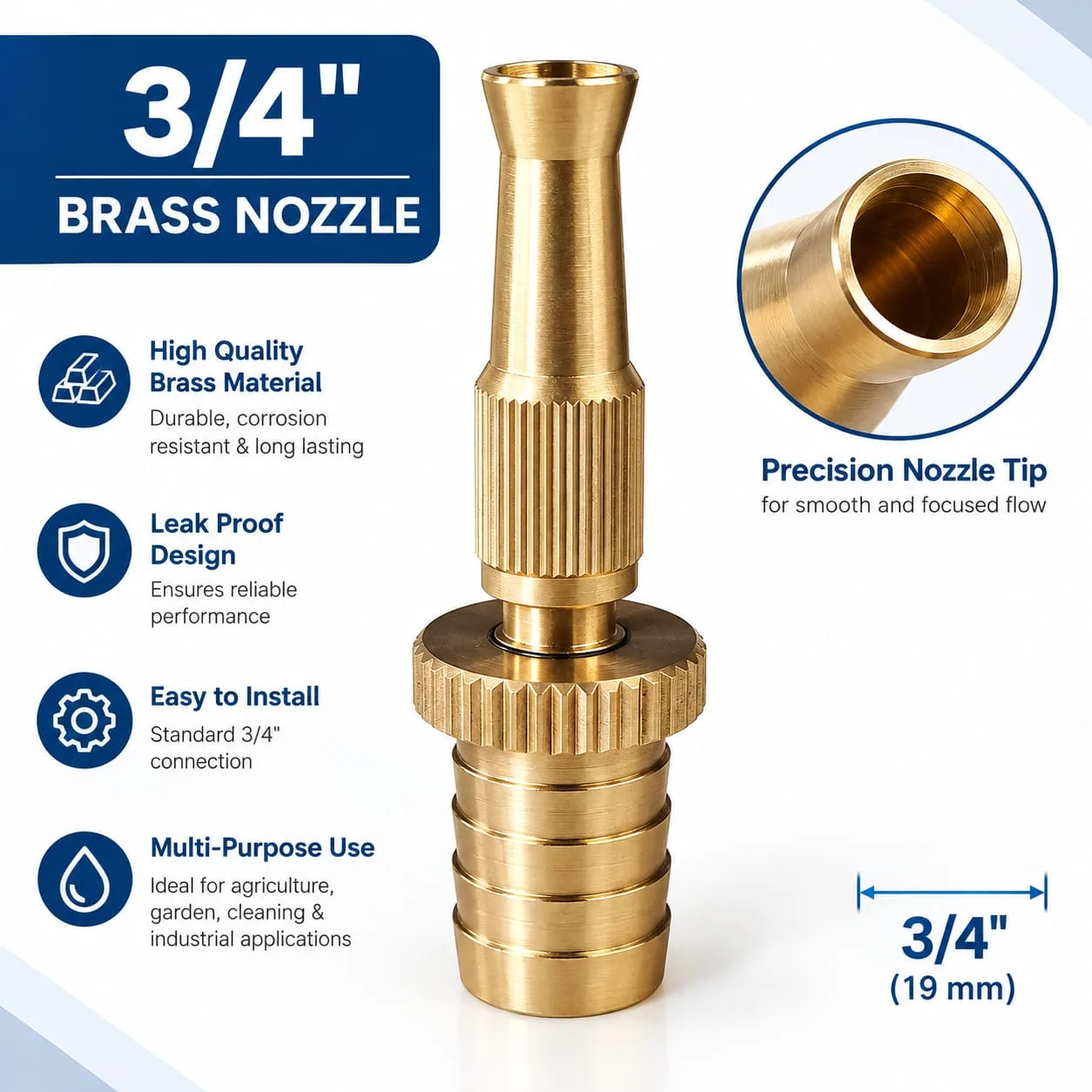 Premium Brass Hose Spray Nozzle 3/4" | Adjustable Pressure Booster Water Gun for Garden, Car Wash & Home Cleaning