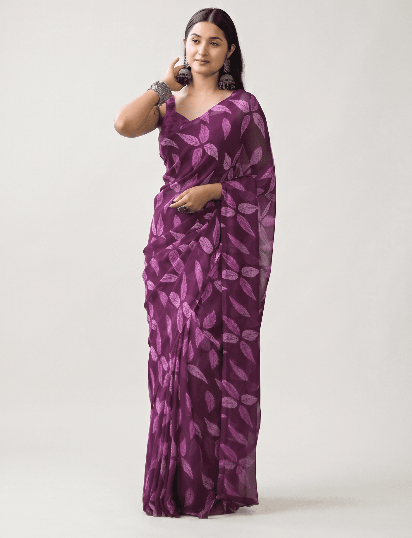 Women's Premium Georgette Floral and Violet Leaf Printed Saree with Unstitched Blouse Piece