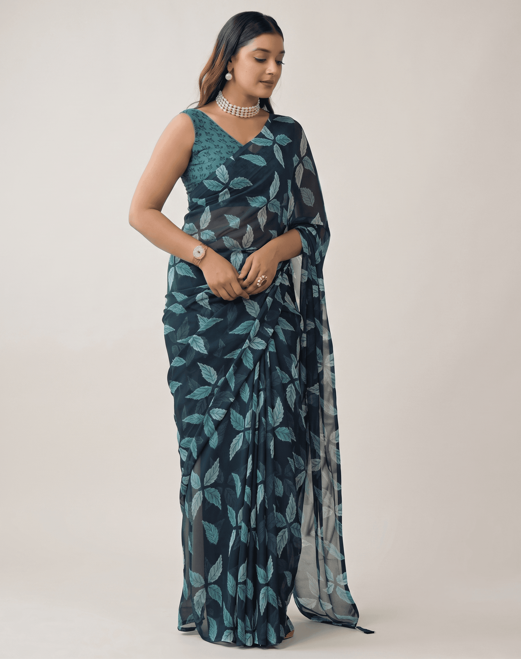 Women's Premium Georgette Floral and Light Green Leaf Printed Saree with Unstitched Blouse Piece