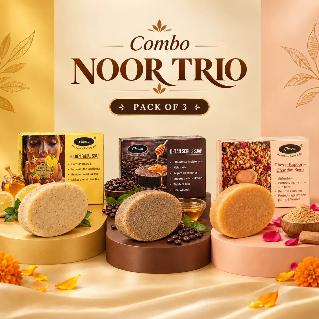 Chessa Noor Trio Combo | Golden Facial + D-Tan Scrub + Kapoor Chandan Soaps | Complete 3-Step Skin Care Bathing Combo