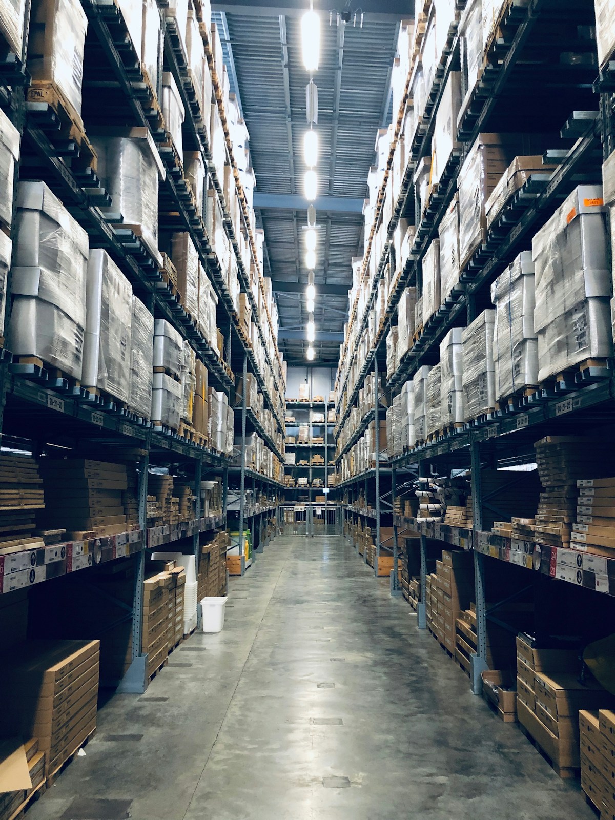 Warehouse shelving with labelled inventory