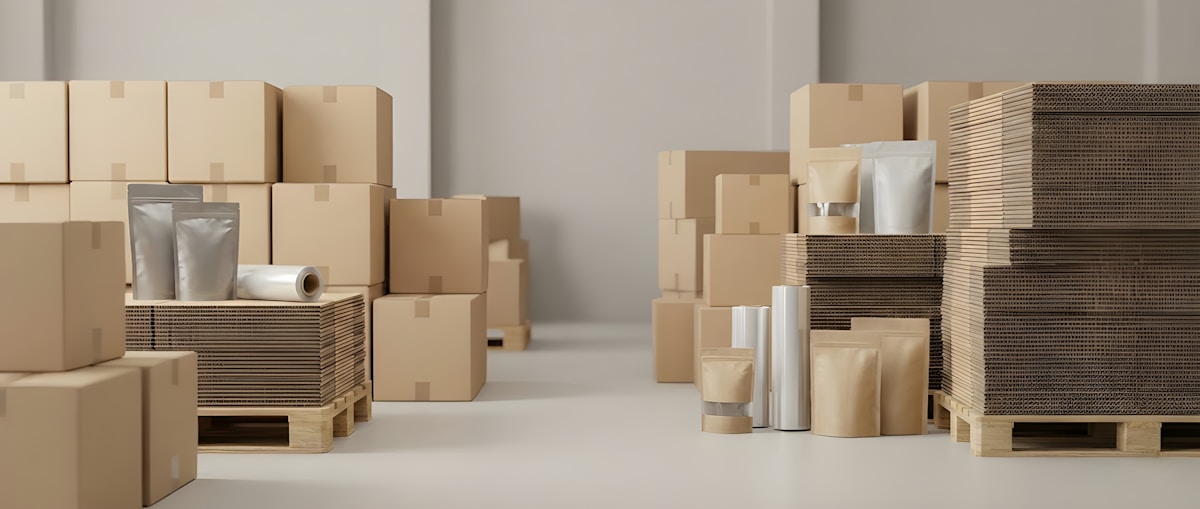 Cardboard cartons and packaging supplies in a warehouse